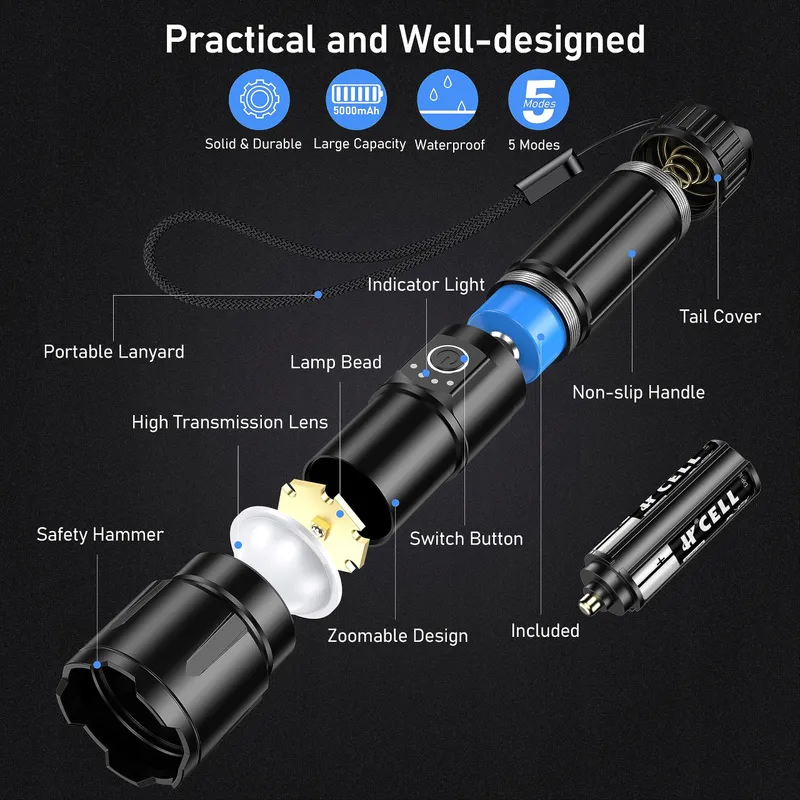 BLUKAR LED Zaklamp 20000 Lumen IP67 Waterdicht 5 Modi Zoom — foto 7