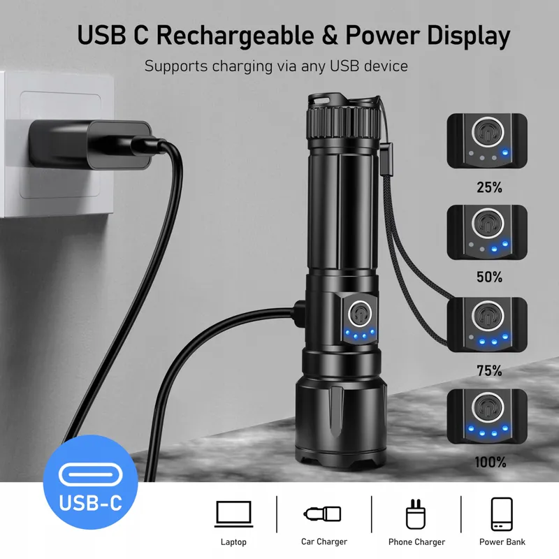 BLUKAR LED Zaklamp 20000 Lumen IP67 Waterdicht 5 Modi Zoom — foto 9