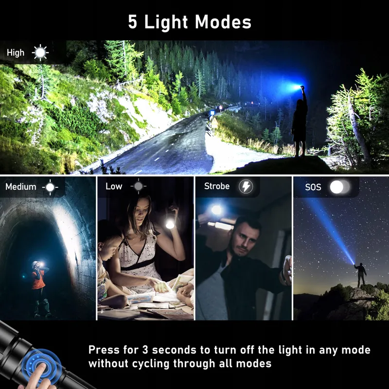 BLUKAR LED Zaklamp 20000 Lumen IP67 Waterdicht 5 Modi Zoom — foto 4