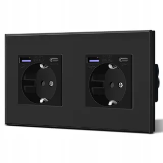 BSEED Dubbel Schuko Stopcontact USB Type C Snelladen Zwart Glas — miniatuur 1