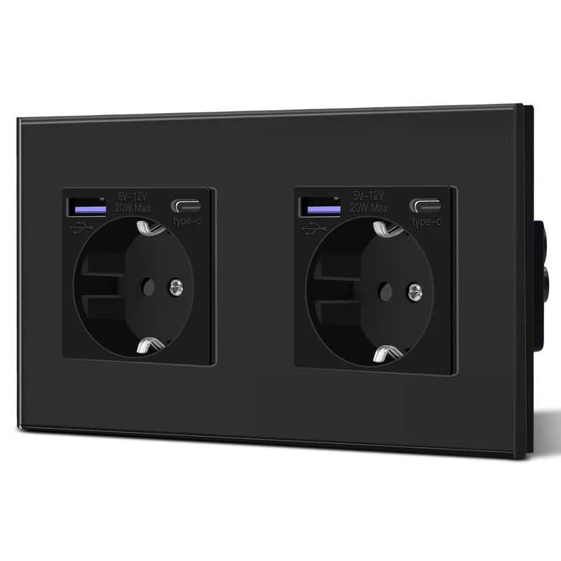 BSEED Dubbel Schuko Stopcontact USB Type C Snelladen Zwart Glas — foto 1