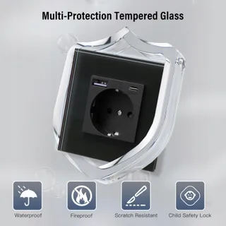 BSEED Dubbel Schuko Stopcontact USB Type C Snelladen Zwart Glas — miniatuur 4