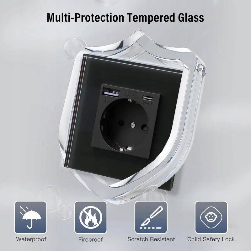 BSEED Dubbel Schuko Stopcontact USB Type C Snelladen Zwart Glas — foto 4
