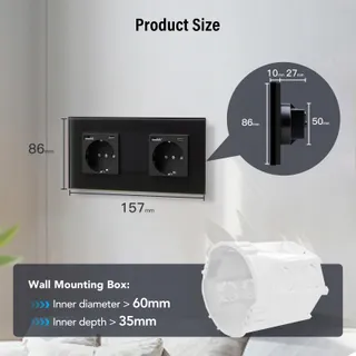 BSEED Dubbel Schuko Stopcontact USB Type C Snelladen Zwart Glas — miniatuur 7
