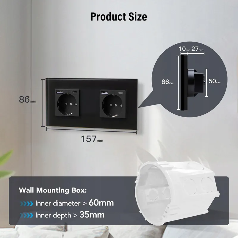 BSEED Dubbel Schuko Stopcontact USB Type C Snelladen Zwart Glas — foto 7