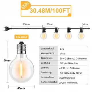 TOIPWEN LED Lichtsnoer 30M 52 Lampen G40 IP45 Tuin Terras — miniatuur 6