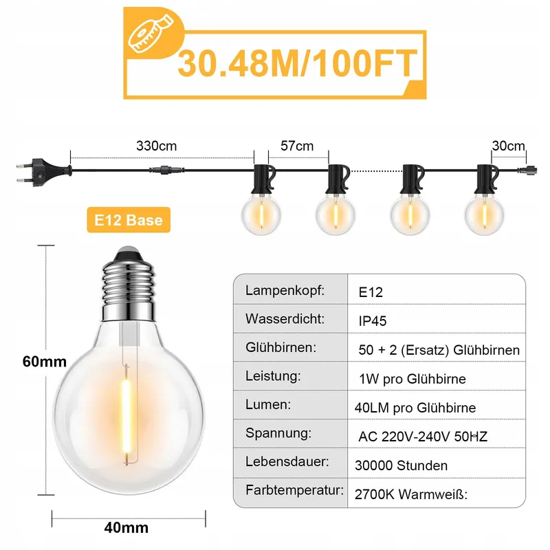 TOIPWEN LED Lichtsnoer 30M 52 Lampen G40 IP45 Tuin Terras — foto 6