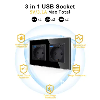 JIMEIDA Dubbel Stopcontact USB 20W Zwart Snelladen Type C 250V 16A — miniatuur 6