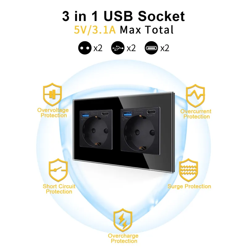 JIMEIDA Dubbel Stopcontact USB 20W Zwart Snelladen Type C 250V 16A — foto 6