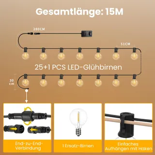 YUUSEI LED Lichtsnoer Buiten 15m Afstandsbediening 25 Gloeilampen IP45 — miniatuur 4