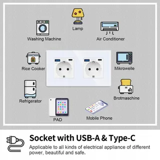 JIMEIDA Dubbel Stopcontact USB Wit 16A Snel Laden Type C 250V — miniatuur 5