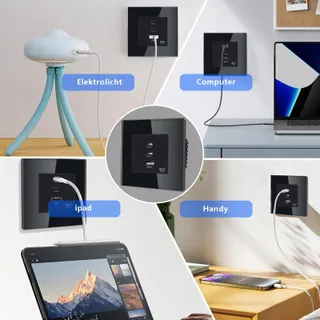 TAWOIA Schuko Stopcontact 65W USB C Snelladen Zwart Glazen Paneel — miniatuur 6