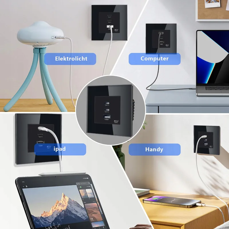 TAWOIA Schuko Stopcontact 65W USB C Snelladen Zwart Glazen Paneel — foto 6