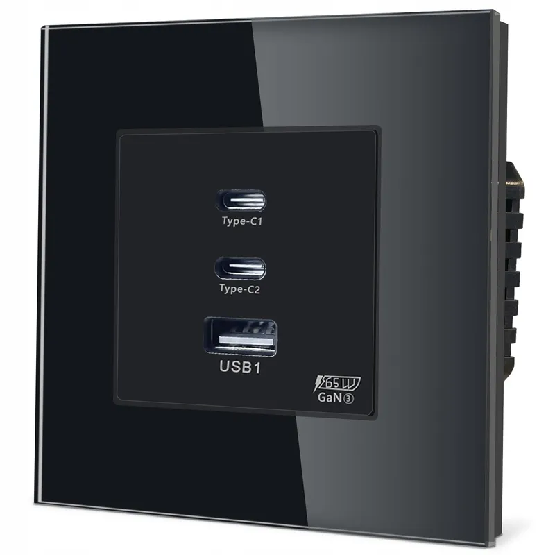 TAWOIA Schuko Stopcontact 65W USB C Snelladen Zwart Glazen Paneel — foto 1