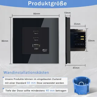 TAWOIA Schuko Stopcontact 65W USB C Snelladen Zwart Glazen Paneel — miniatuur 2