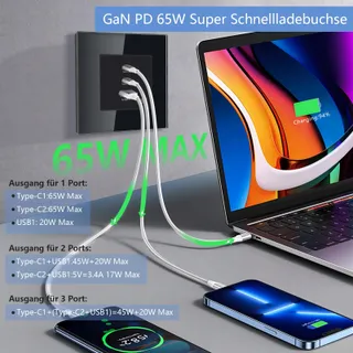 TAWOIA Schuko Stopcontact 65W USB C Snelladen Zwart Glazen Paneel — miniatuur 5