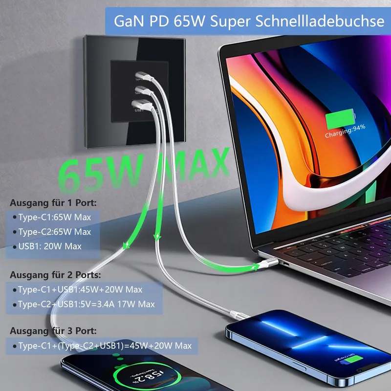 TAWOIA Schuko Stopcontact 65W USB C Snelladen Zwart Glazen Paneel — foto 5