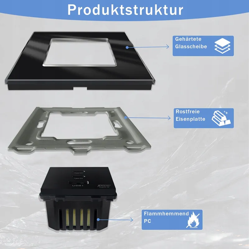 TAWOIA Schuko Stopcontact 65W USB C Snelladen Zwart Glazen Paneel — foto 4