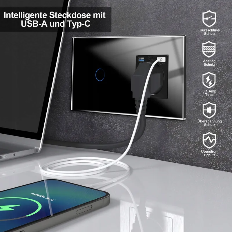CNBINGO Smart Touch Schakelaar USB Type C Stopcontact Zwart — foto 3