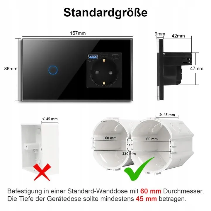 CNBINGO Smart Touch Schakelaar USB Type C Stopcontact Zwart — foto 2