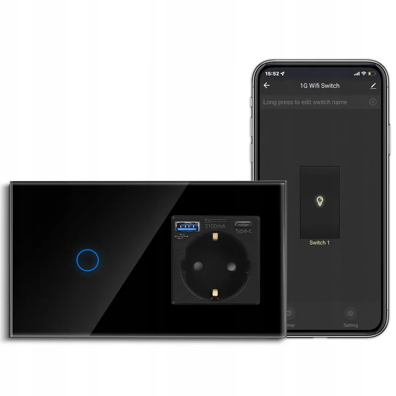 CNBINGO Smart Touch Schakelaar USB Type C Stopcontact Zwart — foto 1