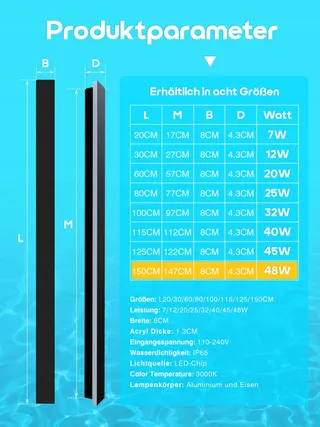 LANGE Zwarte Wandlamp LED Waterdicht IP65 150cm 48W Warm Licht — miniatuur 7