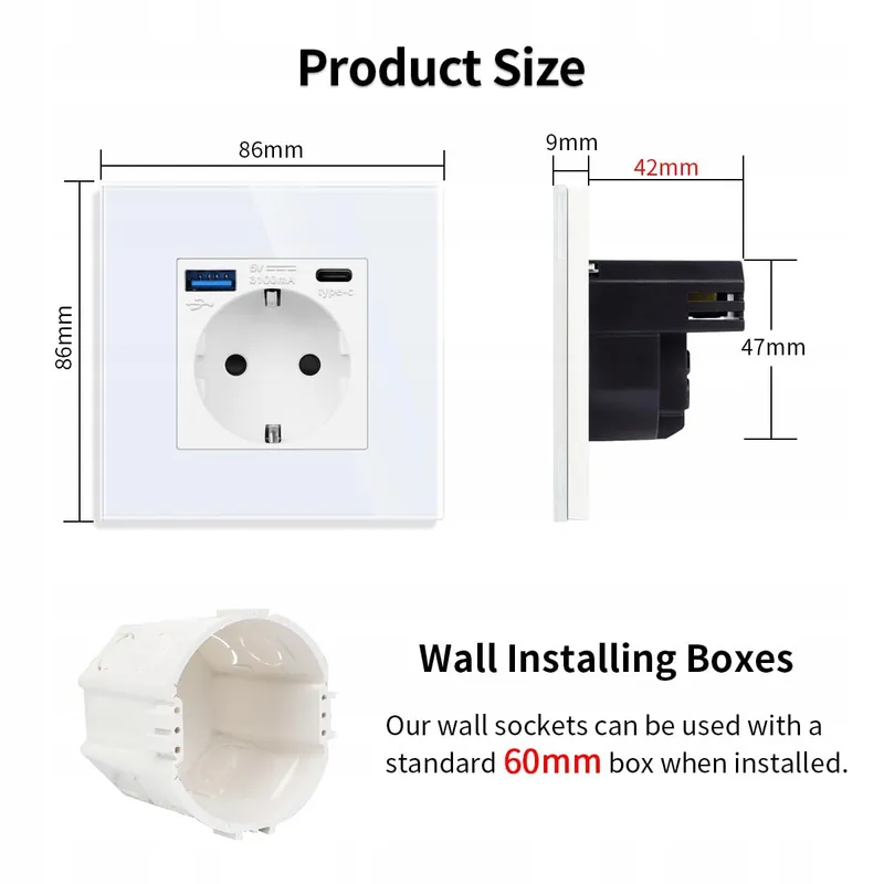 JIMEIDA Stopcontact USB 20W Snelladen Wit 16A Glas Type C 250V — foto 4