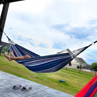 ANYOO Hangmat Katoen Met Riemen Tuin Balkon Camping Blauw — miniatuur 7