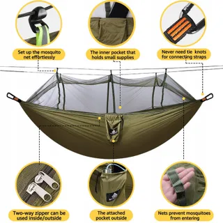 NATUREFUN Muskietennet Camping Hangmat 300x200cm 300kg Nylon Legergroen — miniatuur 4
