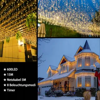 LED Lichtgordijn 15m 600 LED IP44 Timer 8 Modi — miniatuur 5