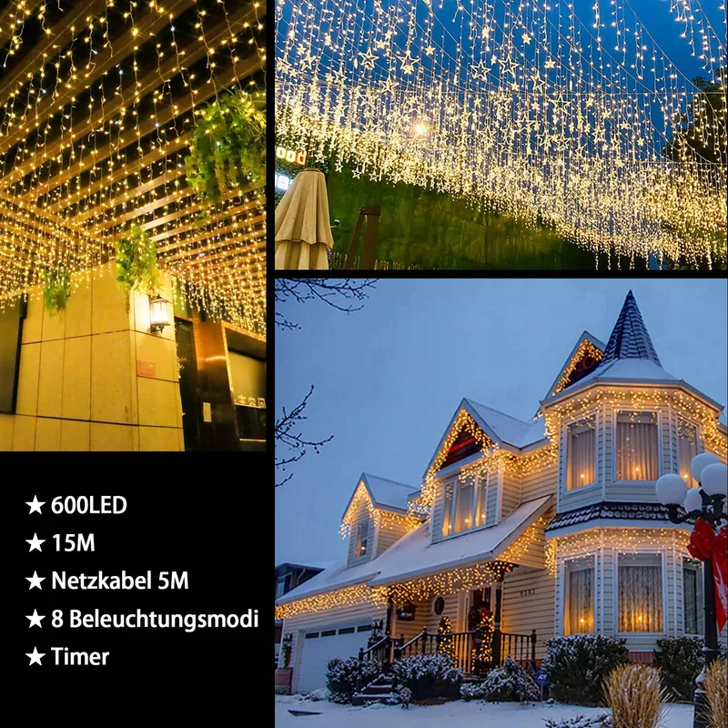 LED Lichtgordijn 15m 600 LED IP44 Timer 8 Modi — foto 5