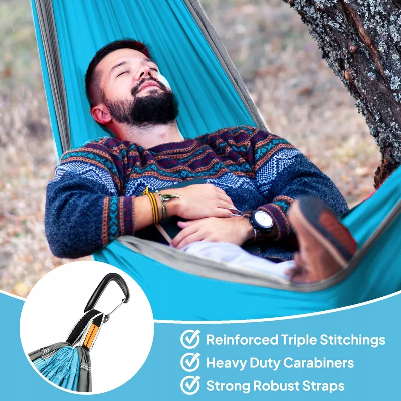 NATUREFUN Ultralichte Camping Hangmat 300kg 300x200cm Nylon Blauw-Grijs — foto 4