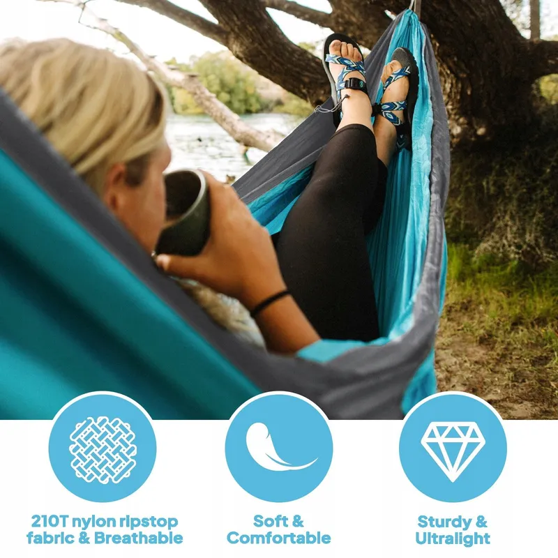 NATUREFUN Ultralichte Camping Hangmat 300kg 300x200cm Nylon Blauw-Grijs — foto 5