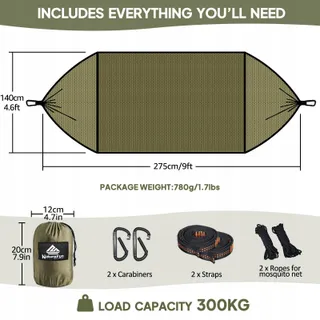 NATUREFUN Ultralichte Klamboe Camping Hangmat 300kg Nylon 275x140cm — miniatuur 3