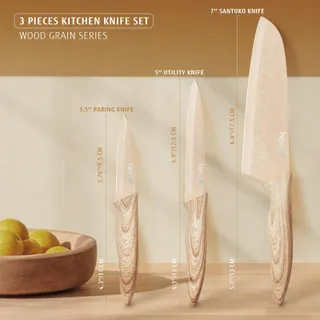 HECEF Keukenmessenset 3-Delig RVS Houten Handvat — miniatuur 2