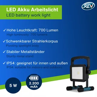 REV LED Werklamp 5W 700lm IP54 Binnen Buiten Accu — miniatuur 2