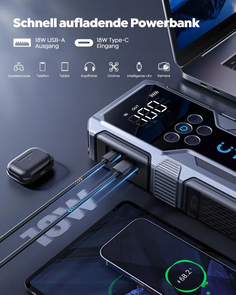 UTRAI Powerbank 4500A Compressor 150PSI Zaklamp 18W Snelladen — foto 4