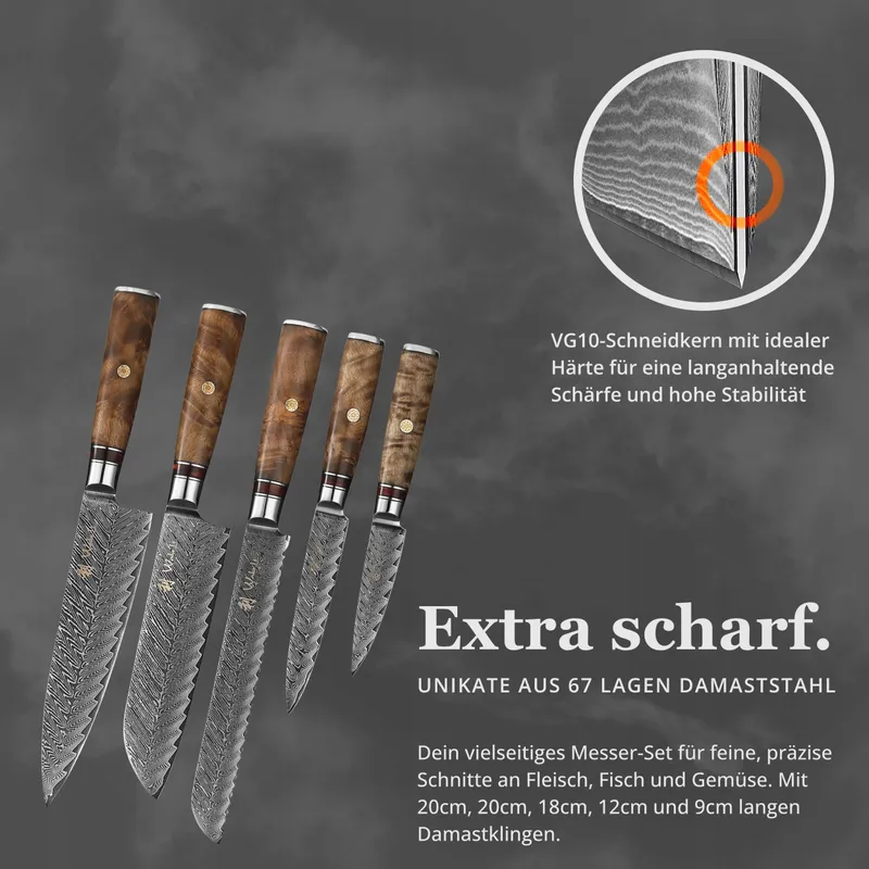 WAKOLI Damast Messenset 6-delig VG10 Kern Ahornhouten Handvat — foto 3
