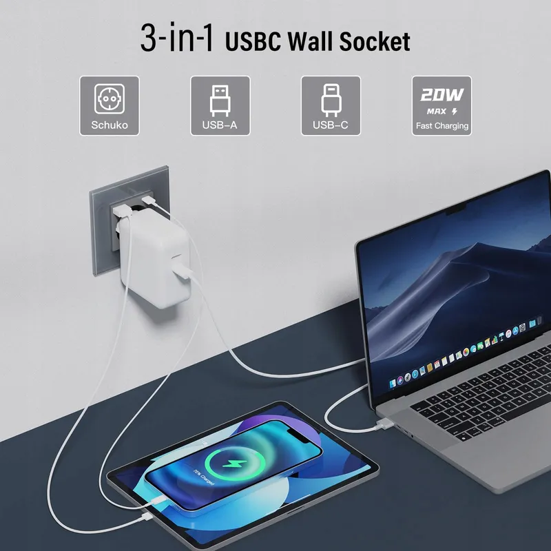 BSEED Schuko Stopcontact USB Type C 20W Glas Grijs — foto 2