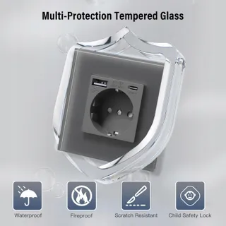 BSEED Schuko Stopcontact USB Type C 20W Glas Grijs — miniatuur 4