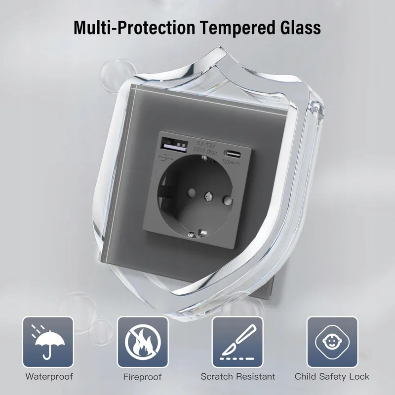 BSEED Schuko Stopcontact USB Type C 20W Glas Grijs — foto 4
