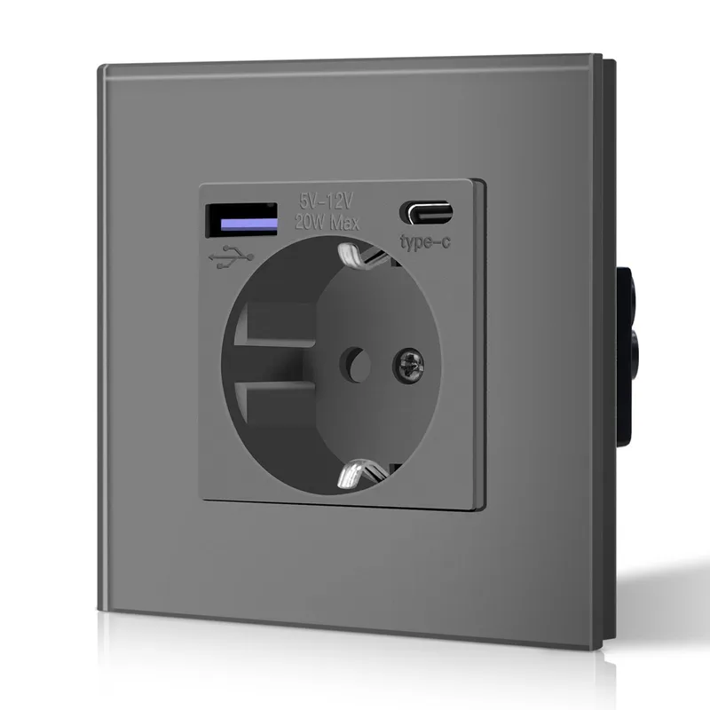 BSEED Schuko Stopcontact USB Type C 20W Glas Grijs — foto 1