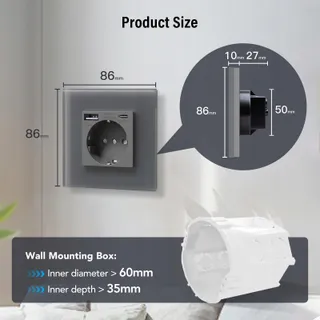 BSEED Schuko Stopcontact USB Type C 20W Glas Grijs — miniatuur 7