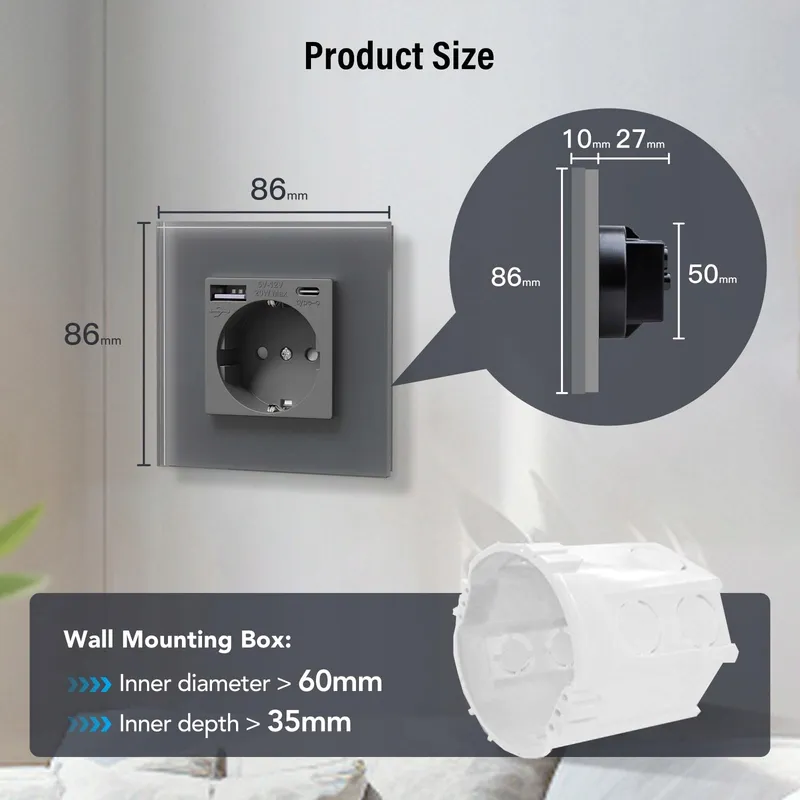 BSEED Schuko Stopcontact USB Type C 20W Glas Grijs — foto 7