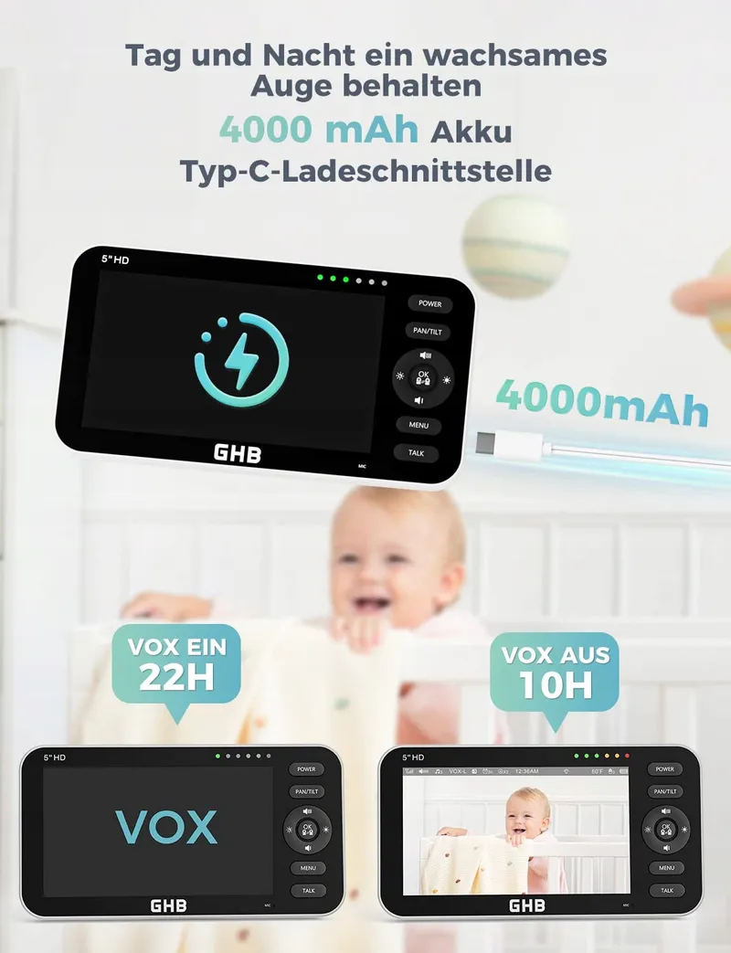 GHB Babyfoon Camera 5 Inch 720P HD Display VOX Nachtmodus — foto 9