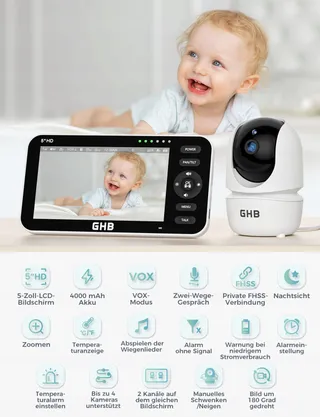 GHB Babyfoon Camera 5 Inch 720P HD Display VOX Nachtmodus — miniatuur 3