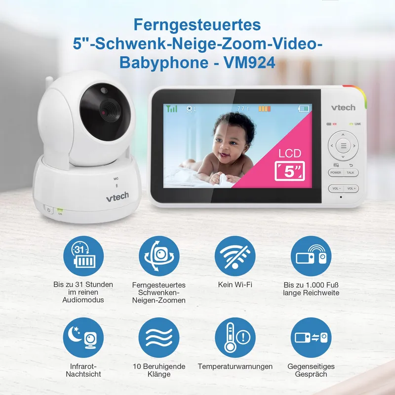 VTECH VM924 Babyfoon Camera 5 Inch 31u Batterij HD Nachtzicht — foto 3