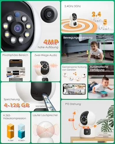 YESYAMO Bewakingscamera Binnen 4MP 360 PTZ Dual 5GHz WiFi Audio — foto 8