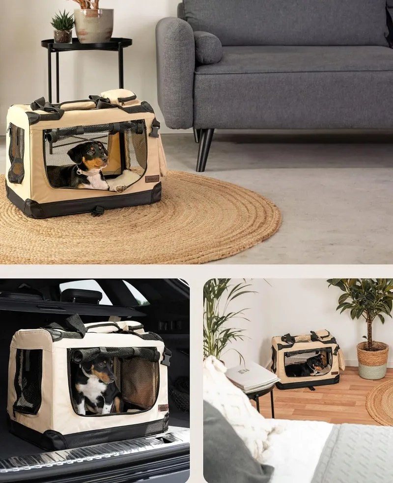 LIONTO Opvouwbare Transportbox Hond Kat tot 10kg Beige 50x34x36cm — foto 2