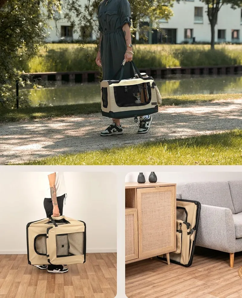 LIONTO Opvouwbare Transportbox Hond Kat tot 10kg Beige 50x34x36cm — foto 3